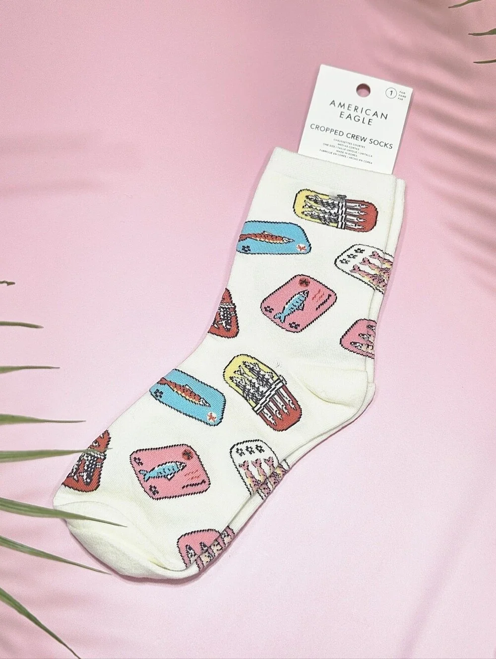 American Eagle Sardine Socks Cropped Crew Socks Cream Fish Novelty Trendy Gifts